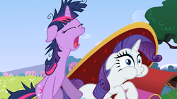 Size: 1280x720 | Tagged: safe, screencap, rarity, twilight sparkle, pony, unicorn, g4, lesson zero, faic, fainting couch, female, mare, out of context, puffy cheeks