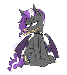 Size: 677x757 | Tagged: safe, artist:redxbacon, oc, oc only, oc:splash, bat pony, pony, bat pony oc, collar, commission, drum sticks, ear piercing, fangs, piercing, punk, solo, spiked collar, tsundere