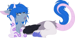 Size: 2603x1315 | Tagged: safe, artist:mourningfog, oc, oc only, oc:cosmic hijinx, draconequus, blue hair, cloven hooves, donkey ears, draconesona, folded wings, gages, makeup, one eye closed, paws, piercing, ponysona, rat tail, simple background, solo, transparent background, unshorn fetlocks, wink