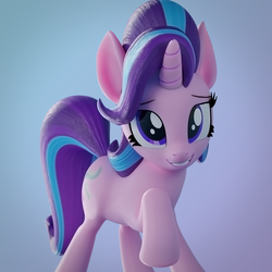 Size: 1500x1500 | Tagged: safe, artist:galawaille, starlight glimmer, pony, unicorn, g4, 3d, blender, cute, female, glimmerbetes, happy, looking at you, mare, raised hoof, sheepish grin, simple background, smiling, solo