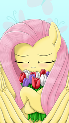 Size: 1440x2560 | Tagged: safe, artist:lifesharbinger, fluttershy, pegasus, pony, g4, blushing, bouquet, bust, cute, cutie mark background, daaaaaaaaaaaw, eyes closed, female, flower, fluttershy day, front view, full face view, hnnng, holding, hoof hold, mare, portrait, shyabetes, smiling, solo, spread wings, tulip, wings