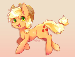 Size: 1250x950 | Tagged: safe, artist:nanghyang, applejack, earth pony, pony, g4, applejack's hat, cowboy hat, cute, female, gradient background, hat, jackabetes, looking at you, mare, open mouth, solo