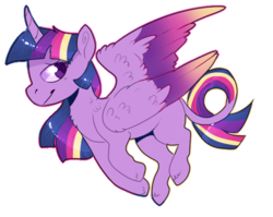Size: 633x503 | Tagged: safe, artist:tinttiyo, twilight sparkle, alicorn, pony, g4, colored wings, curved horn, female, horn, leonine tail, looking back, mare, missing cutie mark, rainbow power, simple background, smiling, solo, spread wings, transparent background, twilight sparkle (alicorn), wings