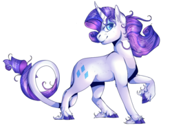 Size: 770x573 | Tagged: safe, artist:tinttiyo, rarity, classical unicorn, pony, unicorn, g4, beautiful, cloven hooves, curved horn, cutie mark, female, horn, leonine tail, long tail, looking at you, mare, raised hoof, simple background, smiling, solo, transparent background, unshorn fetlocks, windswept mane