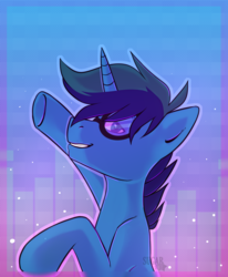 Size: 1955x2375 | Tagged: safe, artist:sugarstar, oc, oc only, oc:arioso, pony, unicorn, equalizer, frame, gift art, glasses, gradient background, horn, looking at you, male, raised hoof, smiling, solo, stallion, teeth, underhoof, vinyl's glasses