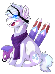 Size: 451x606 | Tagged: safe, artist:tinttiyo, double diamond, earth pony, pony, g4, blushing, clothes, cute, cutie mark, double dawwmond, goggles, helmet, male, open mouth, scarf, sidemouth, simple background, sitting, skis, solo, stallion, transparent background
