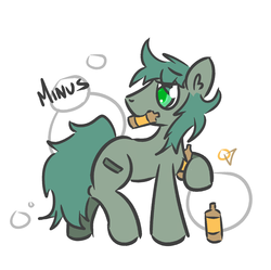 Size: 1561x1552 | Tagged: safe, artist:orbitalaerospace, derpibooru exclusive, oc, oc only, oc:minus, earth pony, pony, alcohol, bottle, colored, drink, drunk, male, mouth hold, simple background, solo, white background