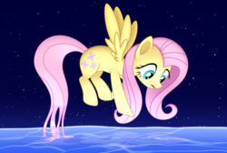 Size: 4500x3025 | Tagged: safe, artist:mirrorcrescent, fluttershy, pegasus, pony, g4, curious, female, floating, flying, looking at something, looking down, mare, night, open mouth, reaching, reflection, solo, spread wings, stars, water, wings