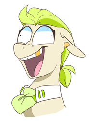 Size: 466x622 | Tagged: safe, artist:redxbacon, oc, oc only, oc:golden keylime, pony, bowtie, ear piercing, earring, female, floppy ears, gold tooth, jewelry, laughing, laughing mad, mare, piercing, simple background, smiling, solo, teeth, white background, wide eyes