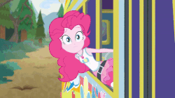 Size: 800x451 | Tagged: safe, edit, edited screencap, screencap, maud pie, mudbriar, pinkie pie, equestria girls, equestria girls series, g4, road trippin, the maud couple, animated, bus, food, geode of sugar bombs, log, sprinkles, stick abuse, tour bus, tree