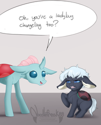 Size: 3118x3850 | Tagged: safe, artist:noodlefreak88, ocellus, oc, oc:gidjit, changedling, changeling, ladybug, ladybug changeling, pony, g4, disgusted, duo, faic, female, gray background, high res, simple background, speech bubble
