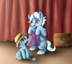 Size: 1864x1651 | Tagged: safe, artist:mlledashie, jack pot, trixie, g4, bonding, chest, father and daughter, female, filly, filly trixie, hat, male, mare, stallion, wand, younger