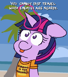 Size: 600x680 | Tagged: safe, artist:threetwotwo32232, twilight sparkle, pony, g4, clothes, female, floppy ears, glowing horn, horn, magic, palm tree, shirt, skyrim, solo, the elder scrolls, tongue out, tree