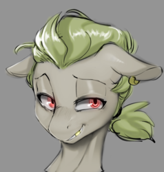 Size: 1000x1049 | Tagged: safe, artist:vikalh, oc, oc only, oc:golden keylime, pony, bust, ear piercing, earring, explicit source, gold tooth, jewelry, piercing, simple background, smiling, solo, sternocleidomastoid, thin