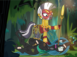 Size: 1100x816 | Tagged: safe, artist:pixelkitties, queen chrysalis, zecora, changeling, changeling queen, zebra, g4, abuse, african, alternate timeline, armor, bandaid, beaten up, black panther, chrysabuse, chrysalis resistance timeline, defeated, dora milaje, ear piercing, earring, everfree forest, female, forest, jewelry, karma, marvel, neck rings, open mouth, piercing, punish the villain, spear, weapon