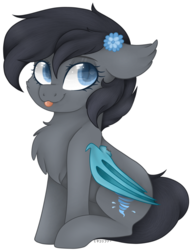 Size: 1024x1337 | Tagged: safe, artist:_spacemonkeyz_, oc, oc only, oc:seachell, bat pony, pony, :p, bat pony oc, chest fluff, colored wings, cute, female, flower, flower in hair, looking at you, mare, silly, simple background, sitting, solo, tongue out, transparent background