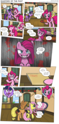 Size: 3000x6233 | Tagged: safe, artist:perfectblue97, applejack, fluttershy, pinkie pie, spike, twilight sparkle, dragon, earth pony, pegasus, pony, unicorn, comic:shadows of the past, g4, accident, bait and switch, censor bar, censored, comic, couch, document, fear wetting, implied pissing, pinkamena diane pie, pointy ponies, poop, scared, sweet apple acres, unnecessary censorship, urine, wetting
