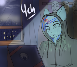 Size: 2197x1920 | Tagged: safe, artist:mintjuice, anthro, advertisement, anonymous, commission, computer, hack, hacker, hacking, laptop computer, night, your character here