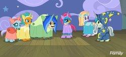 Size: 1713x779 | Tagged: safe, screencap, gallus, ocellus, sandbar, silverstream, smolder, yona, changedling, changeling, classical hippogriff, dragon, earth pony, griffon, hippogriff, pony, yak, g4, horse play, clothes, costume, discovery family logo, fake beard, fake horn, female, male, play, prosthetic butt, stage, star swirl the bearded costume, student six, teenager