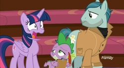 Size: 1660x908 | Tagged: safe, screencap, on stage, spike, twilight sparkle, alicorn, dragon, earth pony, pony, g4, horse play, faic, female, great moments in animation, male, mare, quill, stallion, twilight sparkle (alicorn)