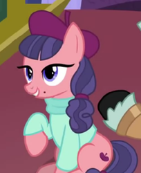 Size: 363x444 | Tagged: safe, screencap, raspberry beret, earth pony, pony, g4, horse play, beauty mark, beret, clothes, cropped, female, hat, mare, raised hoof, sitting, song in the comments, sweater, turtleneck