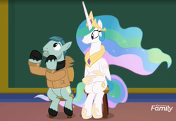 Size: 1455x1007 | Tagged: safe, screencap, on stage, princess celestia, alicorn, earth pony, pony, g4, horse play, chair, chalkboard, chubby, crossed hooves, cute, cutelestia, female, height difference, male, mare, physique difference, sitlestia, sitting, slender, stallion, thin