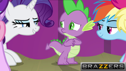 Size: 1920x1080 | Tagged: safe, edit, edited screencap, screencap, applejack, fluttershy, pinkie pie, rainbow dash, rarity, spike, starlight glimmer, earth pony, pegasus, pony, unicorn, g4, horse play, brazzers, lidded eyes, male, out of context, spike gets all the mares, straight