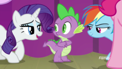 Size: 1920x1080 | Tagged: safe, screencap, pinkie pie, rainbow dash, rarity, spike, starlight glimmer, g4, horse play, discovery family logo, out of context, raised eyebrow