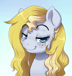 Size: 893x951 | Tagged: safe, artist:evomanaphy, oc, oc only, oc:evo, pony, animated, bedroom eyes, bust, eyebrow wiggle, eyebrows, freckles, gif, lidded eyes, looking at you, portrait, smiling, smug, solo, wiggle, 😏