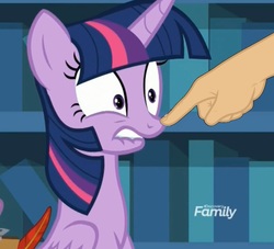 Size: 1024x929 | Tagged: safe, edit, edited screencap, screencap, twilight sparkle, alicorn, pony, g4, horse play, boop, boop edit, cropped, discovery family logo, disembodied hand, finger, hand, non-consensual booping, quill, solo focus, twilight sparkle (alicorn)