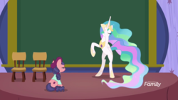 Size: 1920x1080 | Tagged: safe, screencap, princess celestia, raspberry beret, alicorn, earth pony, pony, g4, horse play, bipedal, chair, charades, discovery family logo, duo, female, mare, stage