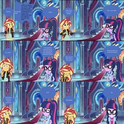 Size: 1194x1193 | Tagged: safe, editor:php77, sci-twi, sunset shimmer, twilight sparkle, equestria girls, g4, my little pony equestria girls: better together, backpack, blushing, bowtie, clothes, comic, cute, eyes closed, female, geode of empathy, geode of telekinesis, glasses, jacket, leather jacket, lesbian, magical geodes, open mouth, ponytail, ship:sci-twishimmer, ship:sunsetsparkle, shipping, twiabetes