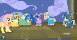 Size: 1745x907 | Tagged: safe, screencap, fluttershy, gallus, ocellus, sandbar, silverstream, smolder, yona, classical hippogriff, dragon, earth pony, griffon, hippogriff, pegasus, pony, yak, g4, horse play, clothes, costume, fake beard, fake ears, fake horn, female, male, mare, play, prosthetic butt, star swirl the bearded costume, student six, teenager, wig