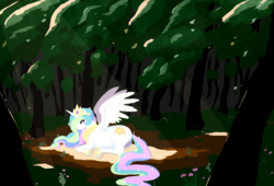 Size: 1158x786 | Tagged: safe, artist:hirosi41, princess celestia, alicorn, pony, g4, female, forest, looking at you, mare, solo, spread wings, tree, wings