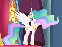 Size: 894x683 | Tagged: safe, screencap, princess celestia, alicorn, pony, g4, horse play, canterlot castle, cropped, cute, cutelestia, ethereal mane, excited, female, mare, solo, spread wings, tiptoe, wings