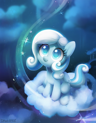 Size: 1886x2400 | Tagged: safe, artist:dawnfire, oc, oc only, oc:snowdrop, pegasus, pony, blind, cloud, colored pupils, cute, cutie mark, female, filly, foal, hooves, looking up, night, night sky, ocbetes, on a cloud, signature, sitting, sitting on a cloud, sky, smiling, snow, snowflake, solo, starry night, wings