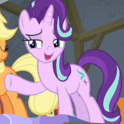 Size: 263x263 | Tagged: safe, screencap, applejack, starlight glimmer, earth pony, pony, unicorn, g4, horse play, season 8, animated, cropped, duo, duo female, female, gesture, gif, grin, leek spin, mare, open mouth, open smile, smiling, solo focus