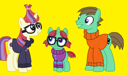Size: 930x558 | Tagged: safe, artist:ianpony98, edit, oc, oc:ian, oc:straight a's, pony, unicorn, adorkable, buttons, canon x oc, clothes, cute, dork, family, female, filly, glasses, male, offspring, parent:moondancer, parent:oc:ian, parents:canon x oc, pigtails, shipping, simple background, straight, sweater, yellow background