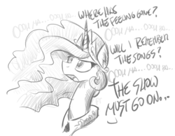 Size: 3000x2329 | Tagged: safe, artist:flutterthrash, princess celestia, pony, g4, horse play, dialogue, high res, monochrome, pink floyd, simple background, song reference, that was fast, the wall, white background