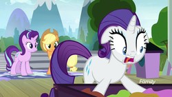 Size: 1920x1080 | Tagged: safe, screencap, applejack, rarity, starlight glimmer, g4, horse play, discovery family logo, freak out, freaking out, open mouth, teeth, tongue out, wide eyes