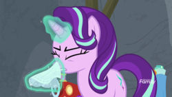 Size: 1920x1080 | Tagged: safe, screencap, starlight glimmer, g4, horse play, discovery family logo, glowing horn, handkerchief, horn, magic, nose blowing, telekinesis