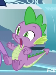 Size: 514x685 | Tagged: safe, screencap, spike, dragon, g4, horse play, claws, cropped, feet, male, open mouth, scared, shocked, solo focus, spread toes, startled, underfoot
