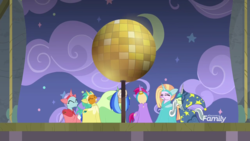 Size: 1920x1080 | Tagged: safe, screencap, gallus, ocellus, sandbar, silverstream, smolder, yona, changedling, changeling, dragon, earth pony, griffon, hippogriff, pony, yak, g4, horse play, clothes, costume, disco ball, discovery family logo, fake beard, fake ears, fake horn, female, male, prosthetic butt, star swirl the bearded costume, student six, teenager