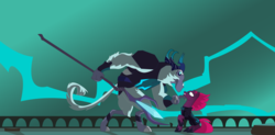 Size: 10000x4900 | Tagged: safe, artist:joemasterpencil, storm king, tempest shadow, pony, g4, my little pony: the movie, absurd resolution, betrayal, broken horn, female, horn, lightning, looking at each other, mare, scene interpretation, staff, storm, vector, wallpaper