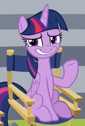 Size: 515x756 | Tagged: safe, screencap, twilight sparkle, alicorn, pony, g4, horse play, chair, cropped, director's chair, faic, female, forced smile, liar, mare, sitting, smiling, solo, twilight sparkle (alicorn), uncomfortable