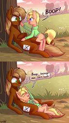 Size: 1840x3242 | Tagged: safe, artist:dsp2003, oc, oc only, oc:jack of trades, oc:jai heart, earth pony, pony, unicorn, blushing, boop, clothes, colt, comic, commission, cute, cutie mark, daaaaaaaaaaaw, dialogue, hnnng, hoodie, jacket, looking at each other, male, ocbetes, size difference, tree