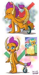 Size: 468x900 | Tagged: safe, artist:uotapo, ocellus, smolder, changedling, changeling, dragon, horse play, blushing, clothes, costume, cute, dragoness, fangs, female, genius, pony costume, prosthetic butt, smiling, smolderbetes, wheel, wikihow