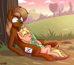 Size: 1840x1621 | Tagged: safe, alternate version, artist:dsp2003, oc, oc only, oc:jack of trades, oc:jai heart, earth pony, pony, unicorn, blushing, boop, colt, commission, cute, daaaaaaaaaaaw, duo, male, size difference, tree