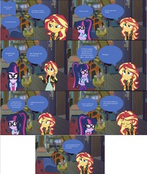 Size: 1092x1296 | Tagged: safe, editor:php77, sci-twi, sunset shimmer, twilight sparkle, equestria girls, g4, my little pony equestria girls: better together, bowtie, camp everfree outfits, clothes, comic, cute, engrish, eyes closed, female, geode of empathy, giggling, glasses, jacket, leather jacket, lesbian, magical geodes, ponytail, ship:sci-twishimmer, ship:sunsetsparkle, shipping, twiabetes