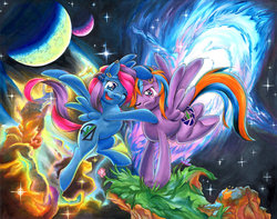 Size: 900x708 | Tagged: safe, artist:muffyn-man, oc, oc only, pegasus, pony, duo, female, mare, planet, smiling, space